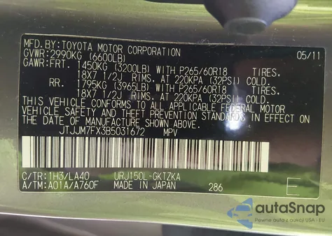 2011 Lexus Gx 460 Premium z USA, uszkodzony, nr VIN JTJJM7FX3B5031672